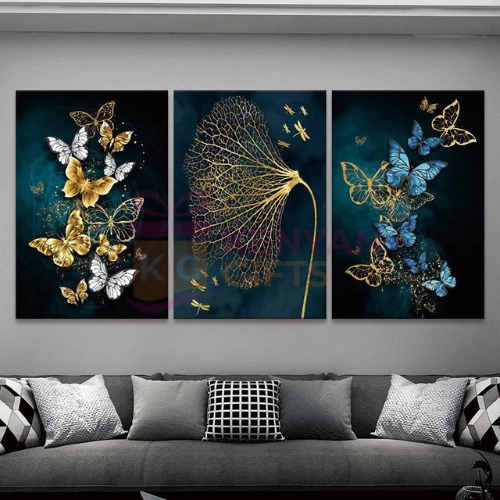 Nordic Gold Blue Butterfly Leaf Gilt Canvas Wall Art