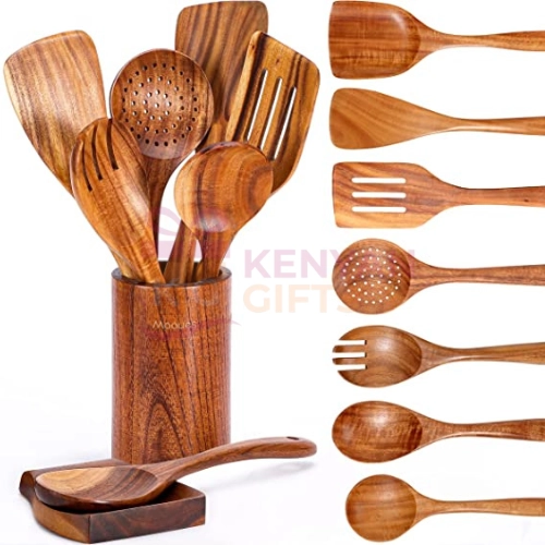Natural Teak Wooden Kitchen Utensils Set with Spoon Rest
