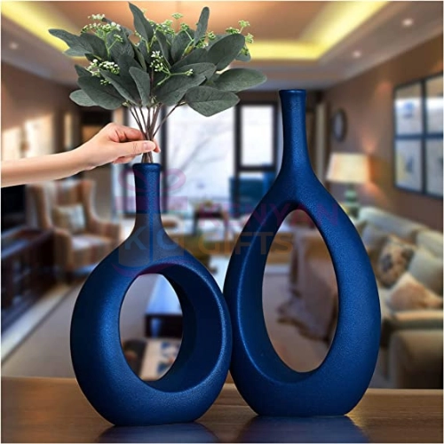 Set of 3 Matt Blue Slim Kneck Ceramic Vases
